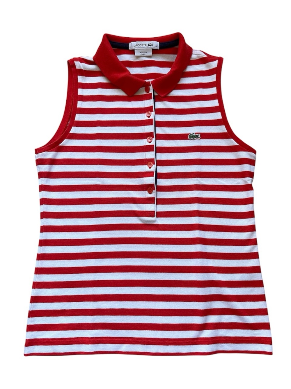 Lacoste Red & White Striped Sleeveless Polo Tank
